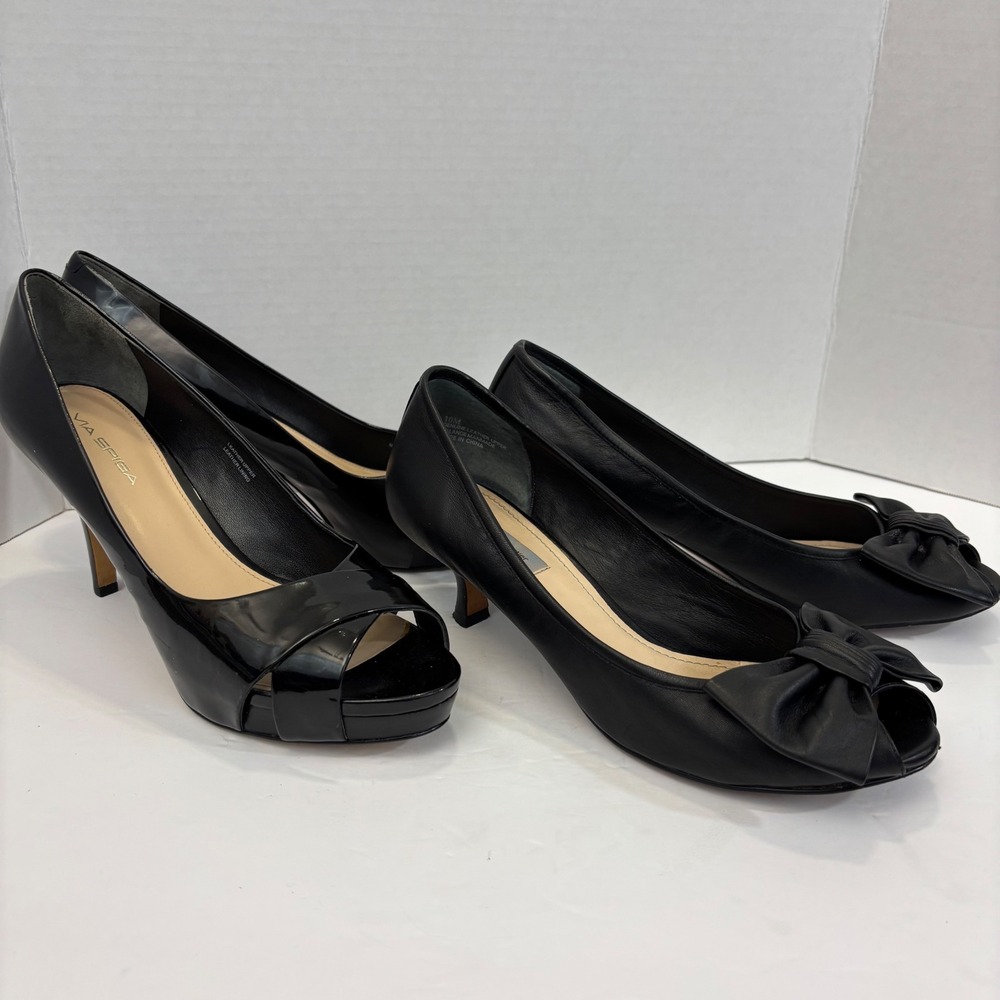 Lot of 2 Leather Peep Toe Heels Womens 9.5 - 10M Black Leather Office Work Pumps